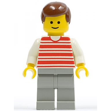 horizontal lines red - white arms - light gray legs brown male hair