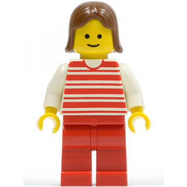 horizontal lines red - white arms - red legs brown female hair