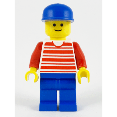 horizontal lines red - red arms - blue legs blue cap