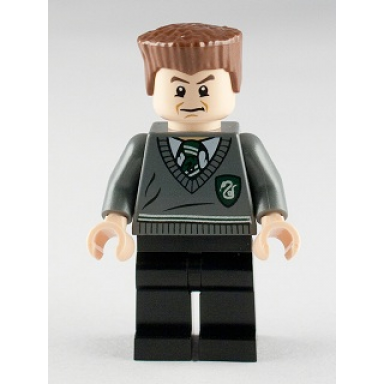 gregory goyle - dark bluish gray slytherin sweater black legs reddish brown flat top