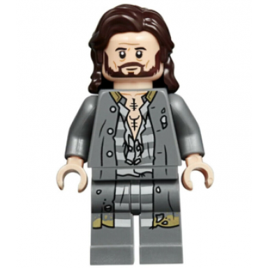 sirius black - dark brown hair dark bluish gray jacket over tattered striped shirt printed legs