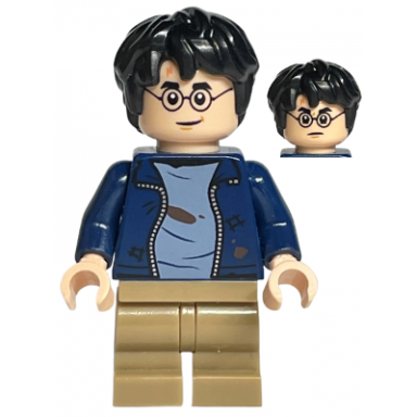 harry potter - dark blue open jacket over sand blue shirt with dirt stains dark tan medium legs grin stern