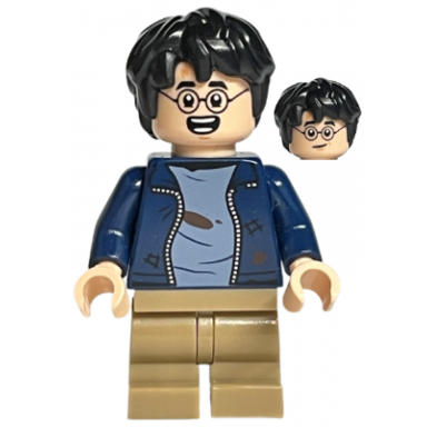 harry potter - dark blue open jacket over sand blue shirt with dirt stains dark tan medium legs lopsided grin open mouth smile with teeth parted