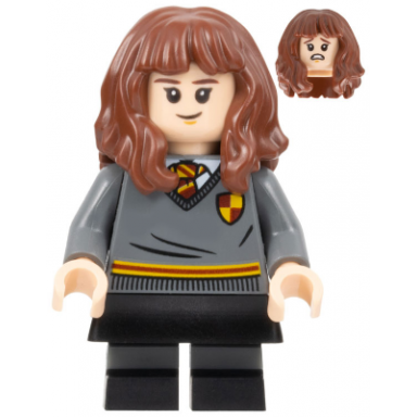 hermione granger - gryffindor sweater with crest black skirt black short legs with dark bluish gray stripes