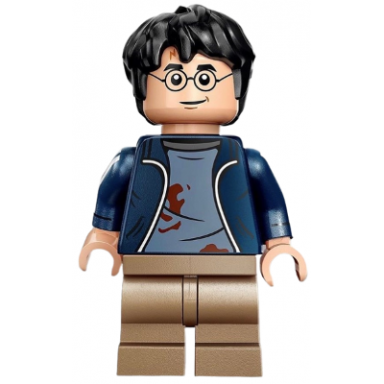 harry potter - dark blue open jacket over sand blue shirt with dirt stains printed arms dark tan medium legs