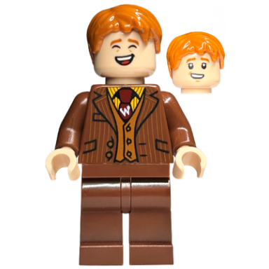 george weasley - reddish brown suit dark red tie smiling laughing