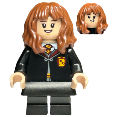 hermione granger - gryffindor robe clasped black skirt black short legs with dark bluish gray stripes open mouth smile confused