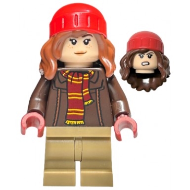hermione granger - reddish brown jacket with dark red scarf dark tan medium legs reddish brown hair with red beanie