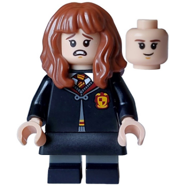 hermione granger - gryffindor robe clasped black skirt black short legs with dark bluish gray stripes open mouth scared closed mouth grin