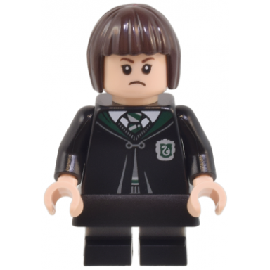 pansy parkinson - slytherin robe clasped black skirt black short legs with dark bluish gray stripes