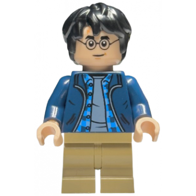 harry potter - dark blue open jacket over plaid shirt with collar and sand blue shirt dark tan medium legs