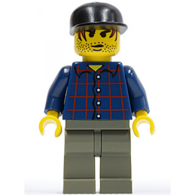 plaid button shirt dark gray legs black cap red hair black stubble werewolf boy
