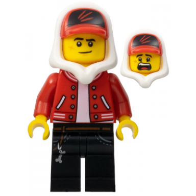 jack davids - red jacket with cap and hood lopsided smile scared
