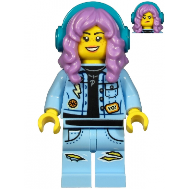 parker l jackson - denim jacket with headphones smile grumpy