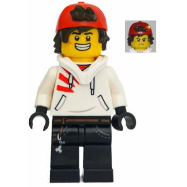 jack davids - white hoodie with backwards cap and hood folded down large smile grumpy