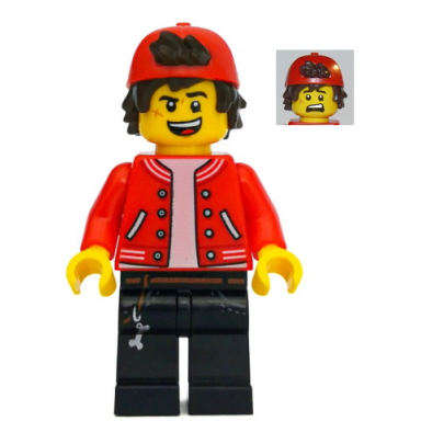 jack davids - red jacket with backwards cap open mouth smile scared