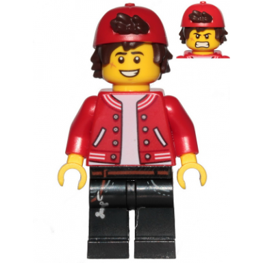 jack davids - red jacket with backwards cap large smile with teeth angry