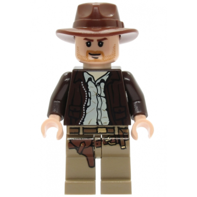 indiana jones - dark brown jacket reddish brown fedora closed mouth lopsided grin