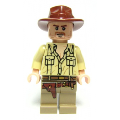 indiana jones - tan open collar shirt reddish brown fedora closed mouth lopsided grin