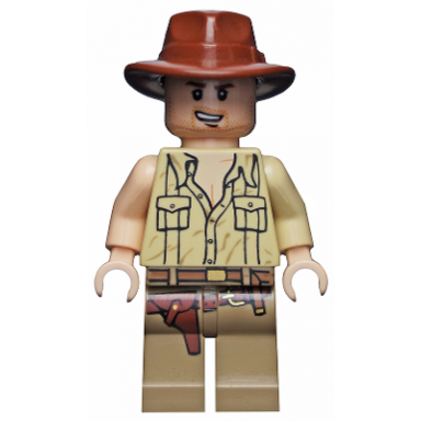 indiana jones - tan open collar shirt reddish brown fedora open mouth lopsided grin