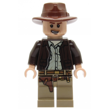 indiana jones - dark brown jacket reddish brown fedora open mouth lopsided grin