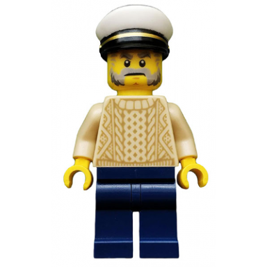 sailor captain - male tan sweater dark blue legs white cap beard and sideburns