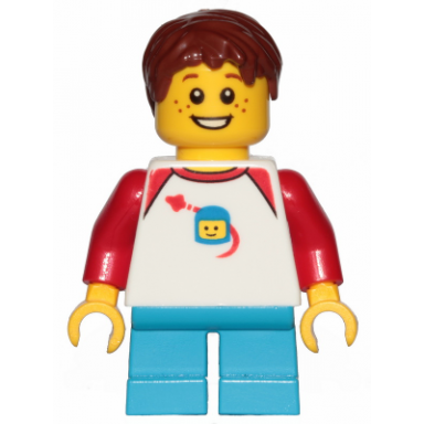 boy freckles classic space shirt with red sleeves dark azure short legs reddish brown hair short tousled with side part