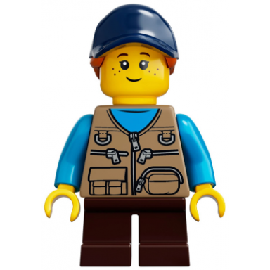 child - girl dark tan vest over dark azure shirt dark brown short legs dark blue cap with dark orange ponytail freckles