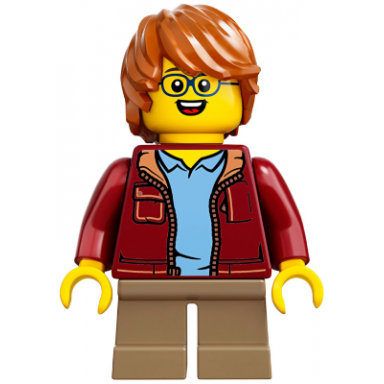 child - boy dark red jacket dark tan short legs dark orange tousled hair glasses