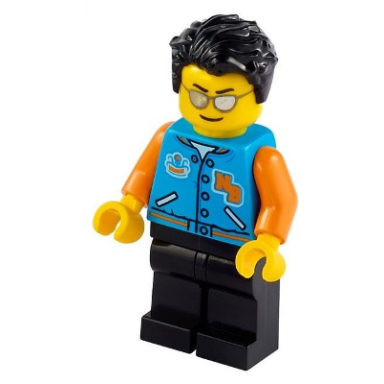 man dark azure letter jacket black legs black hair