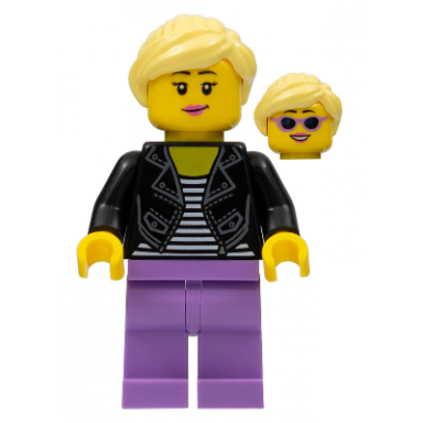 woman black leather jacket medium lavender legs bright light yellow hair