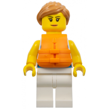 sailor - female dark azure and white striped shirt with red scarf white legs medium nougat ponytail orange life jacket