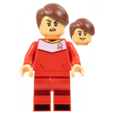 soccer player female red uniform medium tan skin reddish brown smooth parted hair