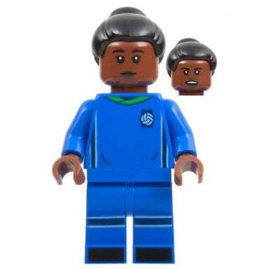 soccer player female blue uniform reddish brown skin black bun