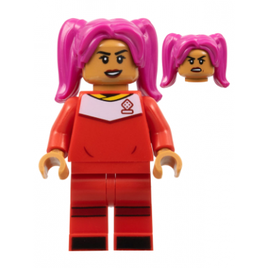 soccer player female red uniform medium nougat skin magenta hair