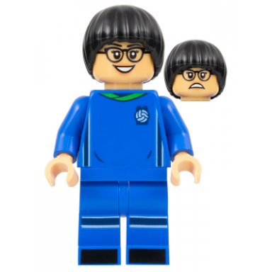 soccer player female blue uniform medium tan skin black bowl cut glasses