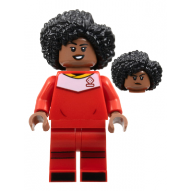 soccer player female red uniform medium brown skin black bushy hair