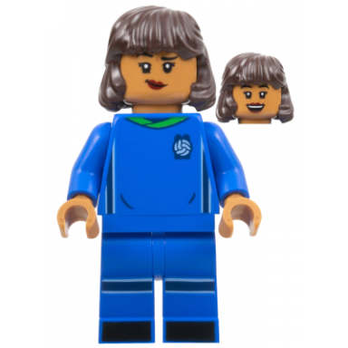 soccer player female blue uniform medium nougat skin dark brown hair
