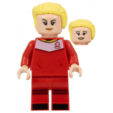 soccer player female red uniform light nougat skin bright light yellow hair swept back