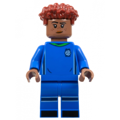 soccer player female blue uniform medium brown skin dark red hair
