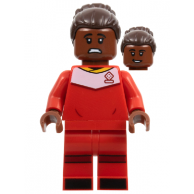 soccer player female red uniform reddish brown skin dark brown hair with bun