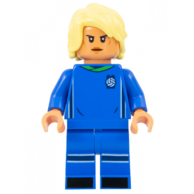 soccer player female blue uniform nougat skin bright light yellow hair