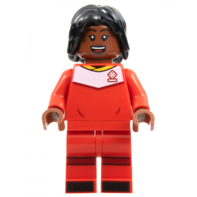 soccer player female red uniform reddish brown skin black hair