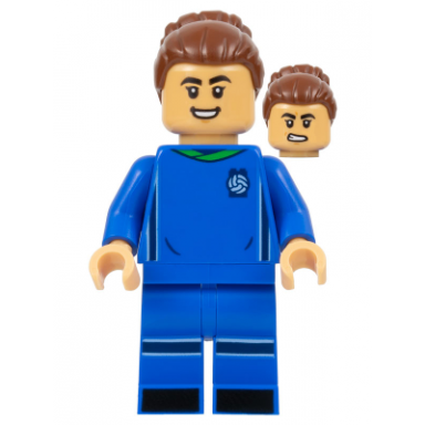 soccer player female blue uniform medium tan skin reddish brown bun