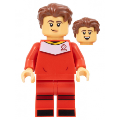 soccer player female red uniform medium tan skin reddish brown wavy hair