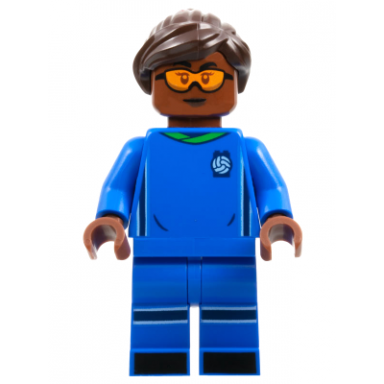 soccer player female blue uniform reddish brown skin dark brown hair orange goggles