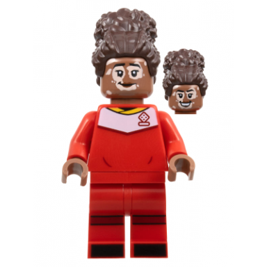 soccer player female red uniform medium brown skin dark brown updo vitiligo