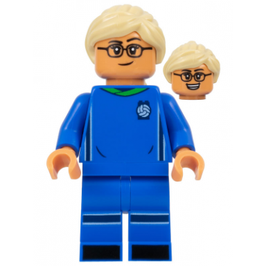 soccer player female blue uniform nougat skin tan ponytail glasses