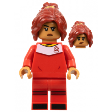 soccer player female red uniform medium nougat skin dark red ponytail