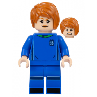 soccer player female blue uniform light nougat skin dark orange side bangs